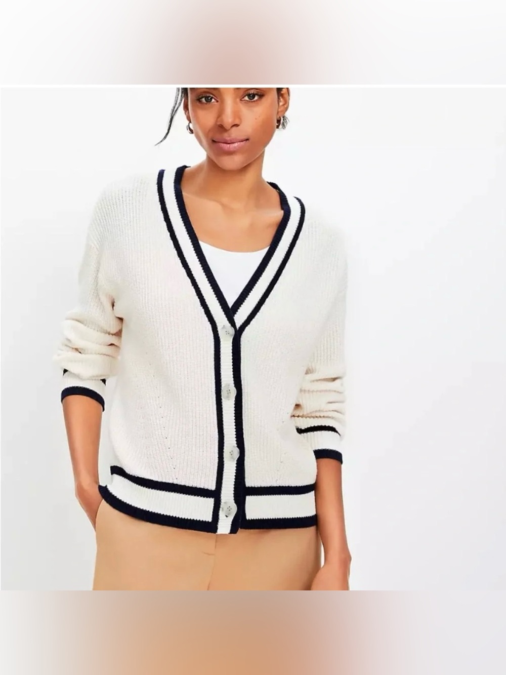 LOFT 100% Cotton Cardigan Varsity
Sweater Off White Navy Trim V Neck Preppy Sz M